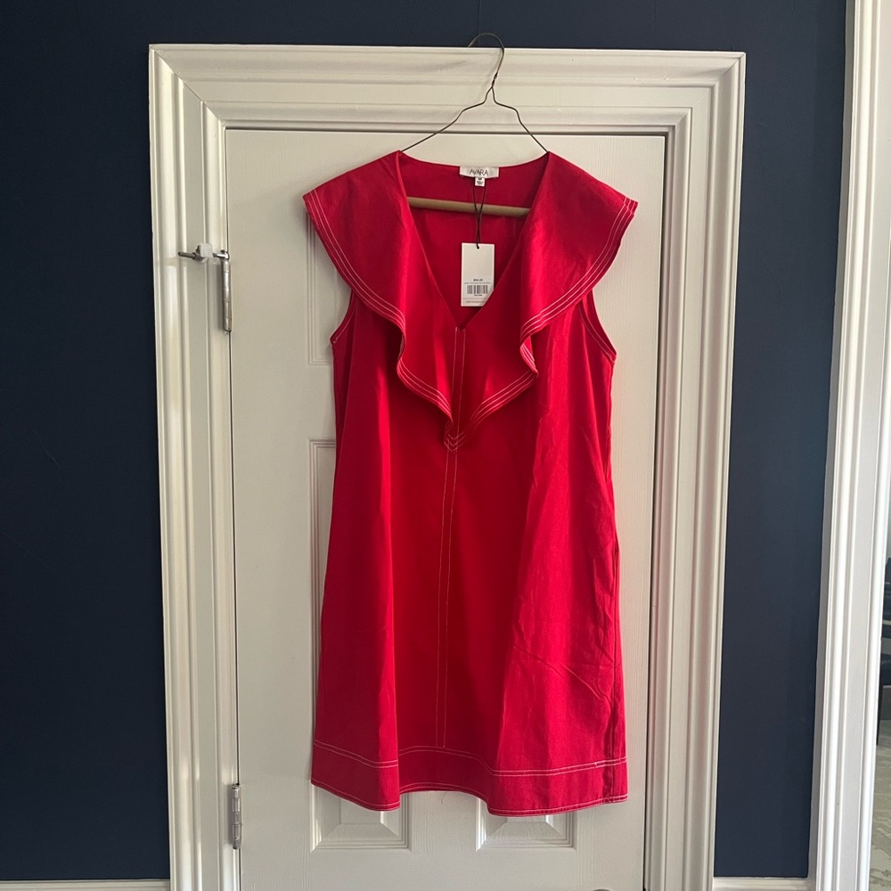 Avara Red Ruffled V-Neck Shift Dress